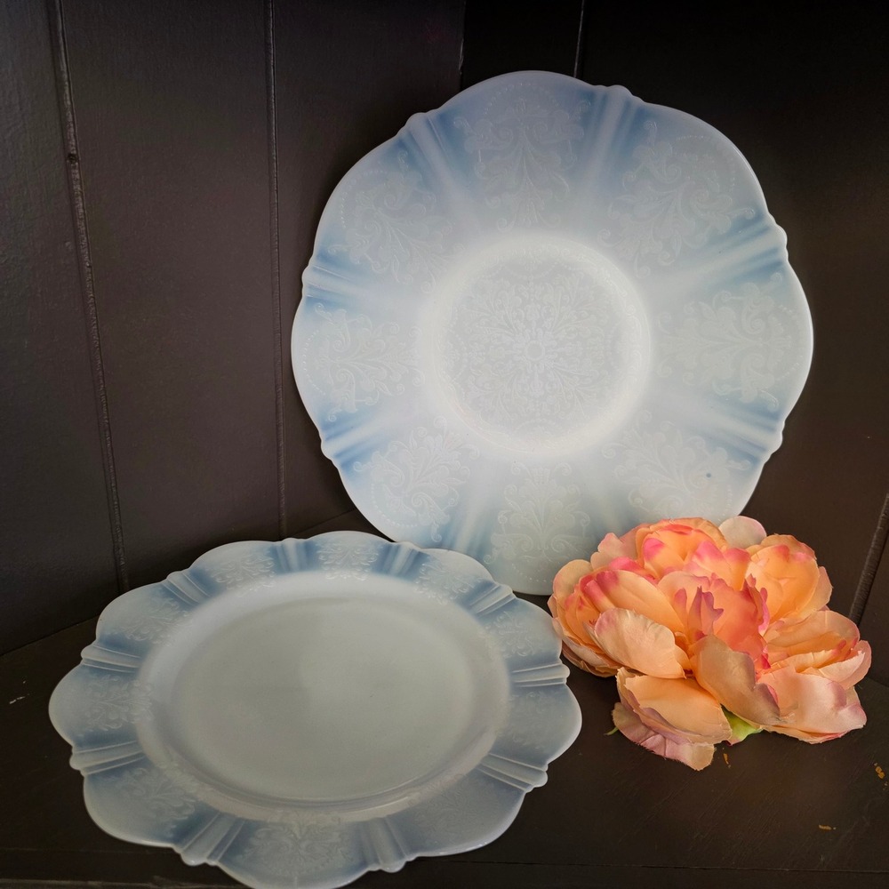 Vintage 1930s MacBeth-Evans Petalware Monax Opalescent Glass Plate Set of 2